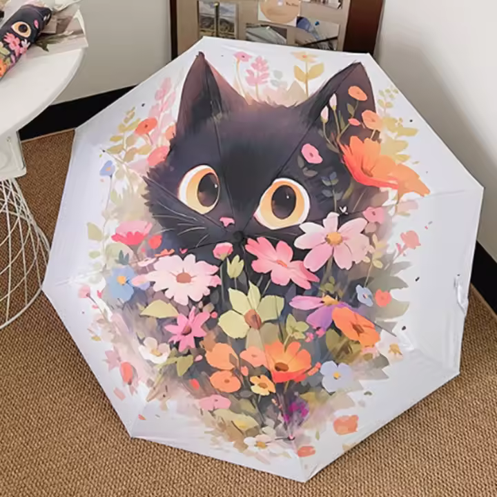 Paraguas de gato y flores con dibujos animados, paraguas de sol inteligente completamente automático para Mujer, Paraguas fuertes para Mujer - 1