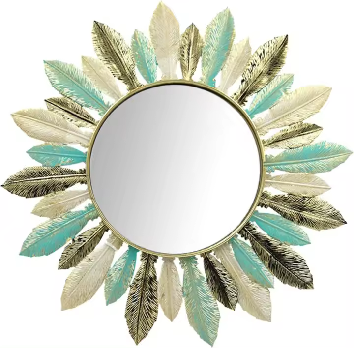 Espejo de marco de Metal redondo, decoración de pared colgante, pluma, estilo bohemio - 1