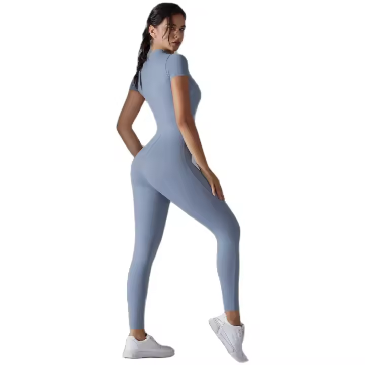 Hamidou-body de Yoga para mujer, ropa moldeadora deportiva de manga corta con cremallera, traje de gimnasio de una pieza, mono de nailon de Color sólido - 1