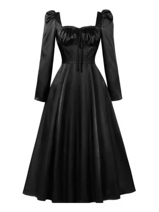 Elegante Vestido de Medio Talla Retro de Hepburn Manga Larga, Elegante para Fiestas y Banquetes - 1