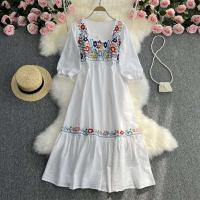 Primavera/Verano mujer viaje vacaciones Vintage largo estilo étnico bohemio bordado cintura atar algodón y vestido - details 0