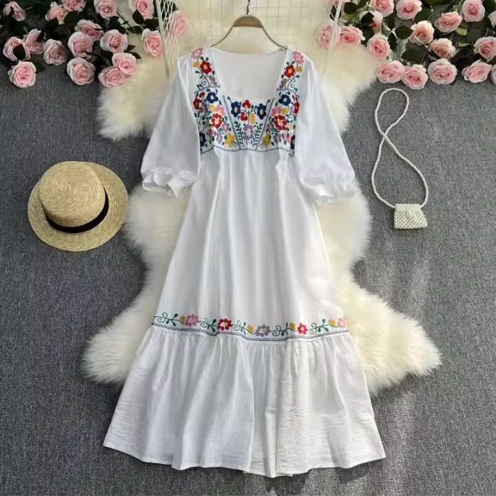 Primavera/Verano mujer viaje vacaciones Vintage largo estilo étnico bohemio bordado cintura atar algodón y vestido - 1