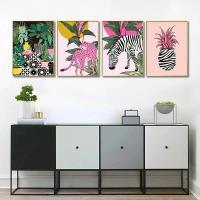 Póster de Animal de cebra, planta Tropical, piña, baño en maceta, leopardo rosa, pintura en lienzo, decoración artística de pared, baño adecuado - details 3