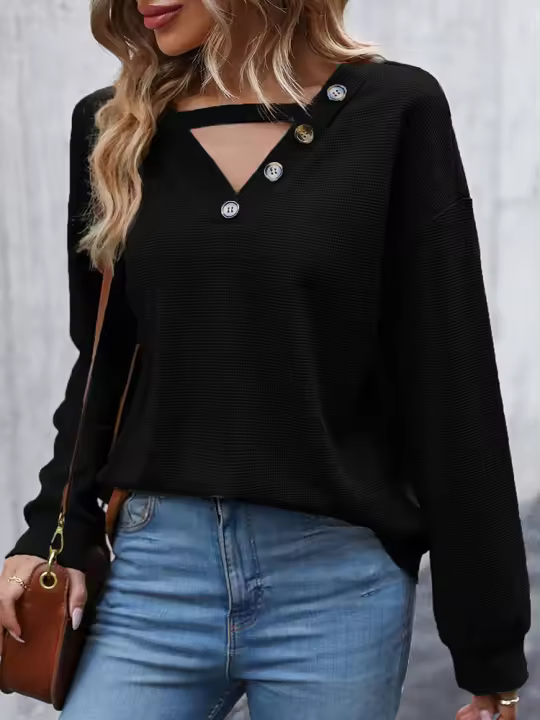 Jersey de mujer con botones huecos y cuello en V, jersey de punto, top de color liso, holgado, informal, combina con todo, otoño - 1