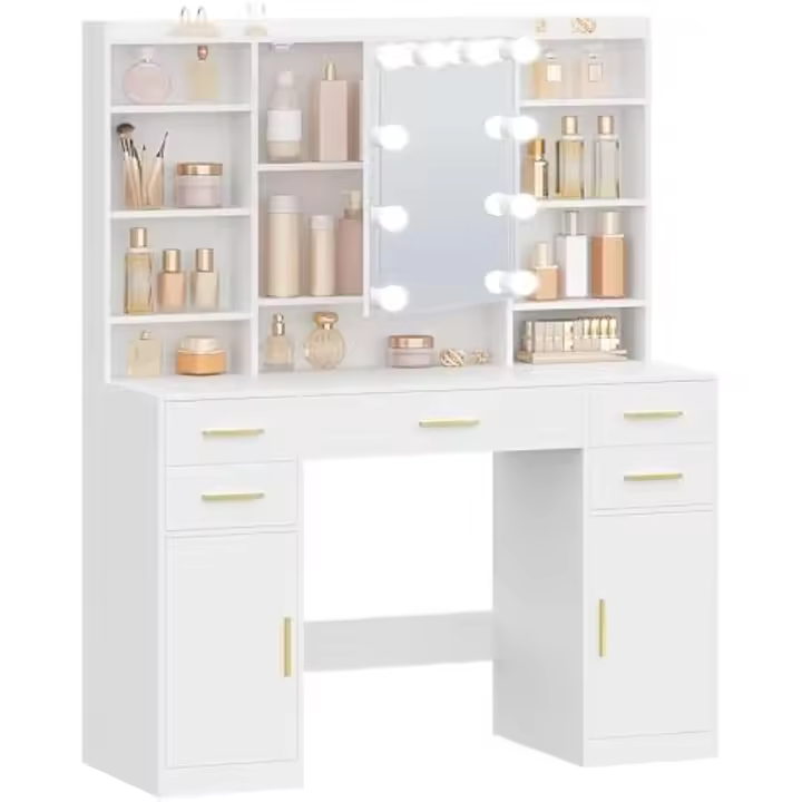 Tocador de Maquillaje con Espejo y Luces LED Tamaño 40 × 108 × 144 cm 5 Cajones, 2 Armarios y 9 Compartimentos Abiertos - 1