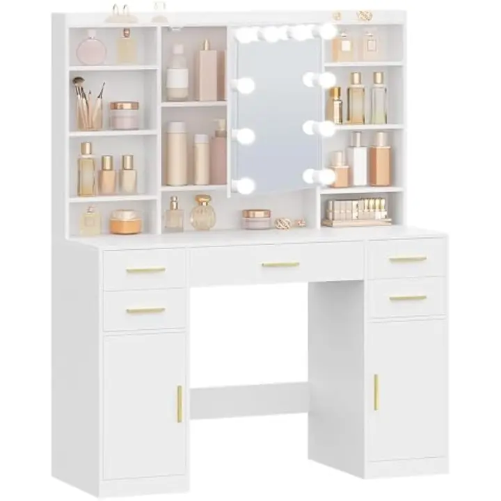 Tocador de Maquillaje con Espejo y Luces LED Tamaño 40 × 108 × 144 cm 5 Cajones, 2 Armarios y 9 Compartimentos Abiertos - 1