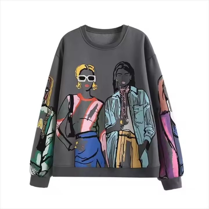 Sudadera con capucha de felpa cálida para mujer, cuello redondo, holgada, estampada, otoño e invierno, novedad de 2023 - 1