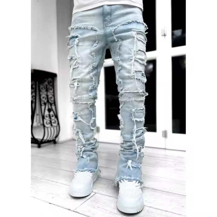 Pantalones vaqueros rasgados para hombre ，Vaqueros rectos ceñidos con borlas，Adecuado para deportes callejeros Casuales - 1