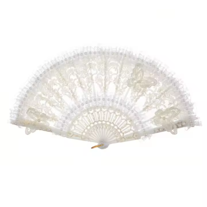 Abanico de mano de encaje Lolita blanco, estilo Retro de corte, abanico de mano plegable de encaje con mango de plástico perlado, regalo de novia - 1