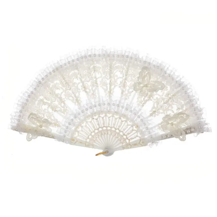 Abanico de mano de encaje Lolita blanco, estilo Retro de corte, abanico de mano plegable de encaje con mango de plástico perlado, regalo de novia - 1
