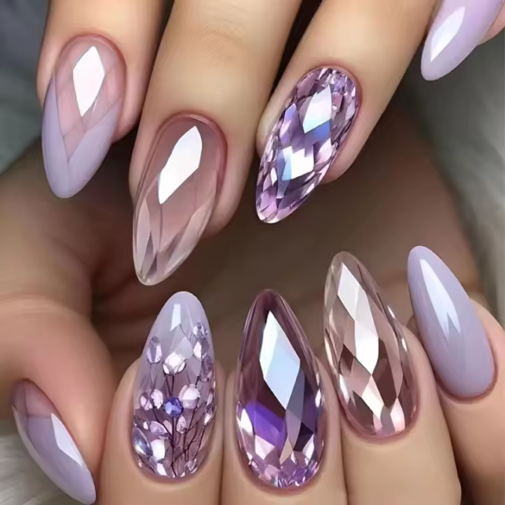 Uñas postizas de forma de árbol de almendra, 24 piezas con textura, nuevo paquete que incluye 1 hoja de pegamento para uñas y 1 linterna de uñas - 1