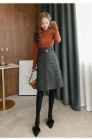 Falda Agujera de Cintura Alta y Adelgazante MOUKYUN Estilo a Cuadros de Lana-Cuerno Midi con Cinturón Moda de Mujer - details 3