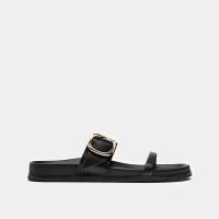 Nuevas zapatillas negras de gran oferta para mujer, sandalias de plataforma de verano, zapatos planos de cuero para mujer, zapatillas con punta abierta, tacones planos, decoración de Metal - details 3
