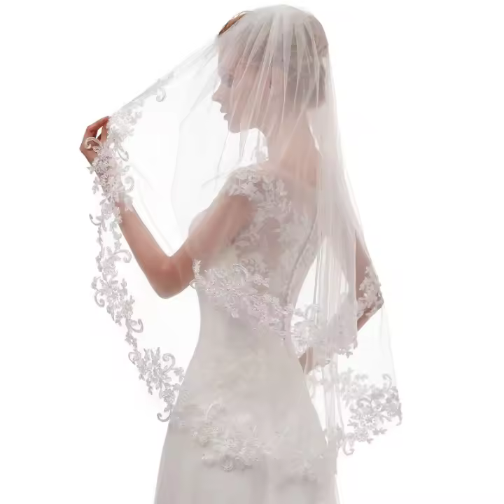 Velo de novia corto de encaje de 2 niveles para mujer con peine - 1
