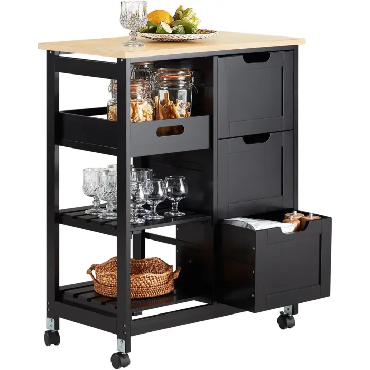 Carro de Almacenamiento Mueble Auxiliar Cocina Carrito de Servir con 3 Cajones 2 Estantes y 1 Bandeja Extraíble Negro ES - 1