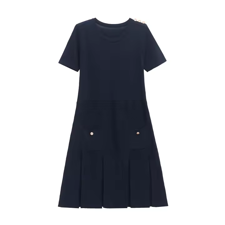 Vestido Mini de Punto con Bordes Cuello Redondo, Manga Corta, Vestidos de Primavera para Mujeres - 1