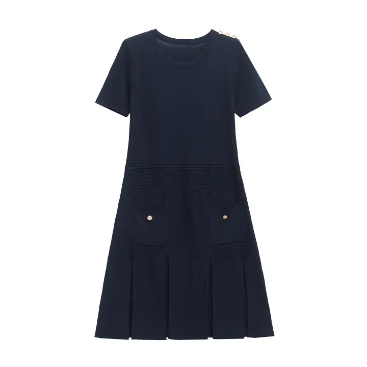 Vestido Mini de Punto con Bordes Cuello Redondo, Manga Corta, Vestidos de Primavera para Mujeres - 1