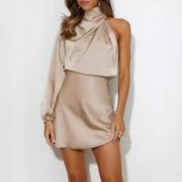 Vestido Corto De Satén De Un Hombro para Mujer, Manga Larga, Cuello Redondo, Moda - details 4