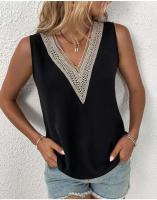 Blusa de encaje Parchwork para mujer, camiseta holgada con agujeros para verano, ropa de calle informal, Top sin mangas con cuello en V Lac - details 4