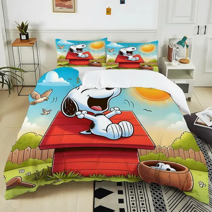 Conjunto de Ropa de Cama de Dibujos Animados Amigable con la Piel Snoopy Lindo Juego de Almohadas para Cama Doble o Simple 2/3pcs - 1