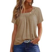 Camisetas Casuales de Verano para Mujer Top Básico Sólido con Botón Cuello en V Estilo Callejero Oversize Ropa de Moda - details 4