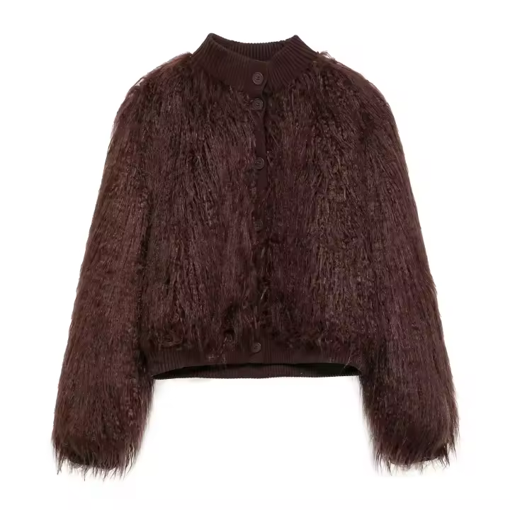 , chaqueta de punto redonda con efecto sintético para mujer, chaqueta de manga larga con un solo pecho, femenina - 1
