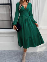 Vestido largo elegante de color sólido con cuello en V para otoño e invierno - details 23