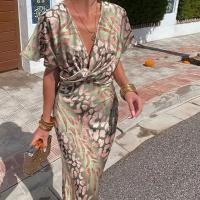 Vestido de verano de manga corta para mujer, vestidos informales estampados con cuello en V para mujer - details 3