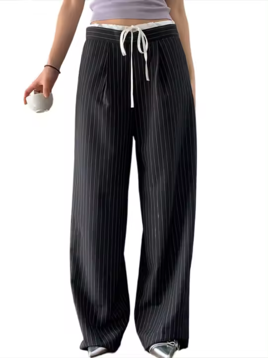 Pantalones de pierna recta a rayas con empalme de moda coreana de cintura alta sueltos nuevos de primavera y otoño para mujer - 1