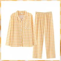 Pijamas de mujer, ropa de casa de ocio a la moda, ropa de dormir sencilla a cuadros de manga larga, ropa de dormir holgada de algodón de talla grande, conjunto de dos piezas - details 2