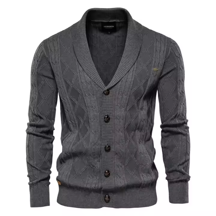Cárdigan de algodón Argyle para hombre, cárdigans informales de un solo pecho de Color sólido para negocios, suéter de moda de invierno para hombre - 1