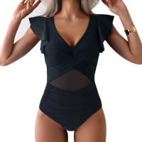 New Clashing One-piece Swimming Costume Small Fly Sleeve Bikini Women Quick Dry Sports Deep V Cross Hollow One-piece Swimsuit - details 9