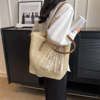 Bolso de mano Vintage para mujer, tejido de hombro, Color sólido, cinta de encaje, mimbre, paja Bohemia, Asa de playa, Beige - details 5