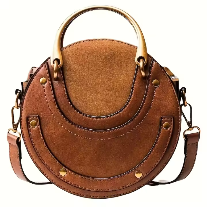 Bolso de hombro tipo bandolera redondo pequeño de nailon caqui profundo estilo europeo vintage para mujer - Cierre de cremallera, correa fija, versátil para ocasiones informales y formales, regalo de San Valentín, diseño minimalista, forro de poliéster - 1