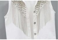 Chaqueta corta para mujer, novedad de 2023, chaleco vaquero con borlas, encaje blanco y negro con una hilera de botones, chaqueta sin mangas - details 17