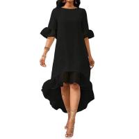 Nuevo Vestido de mujer Color sólido cuello redondo Patchwork malla dobladillo Irregular - details 4