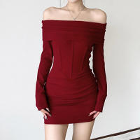 BUNO-francés Retro elegante con volantes un hombro cintura ajustada hueso de pescado envuelto vestido de cadera temperamento picante chica faldas cortas - details 3