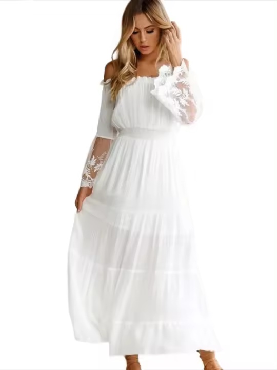 Vestido de manga larga con volantes para mujer, elegante vestido de gasa con hombros descubiertos, moda 2025 - 1