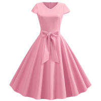 Women summer vintage with belt short sleeve v neck elegant retro swing party dresses - details 2