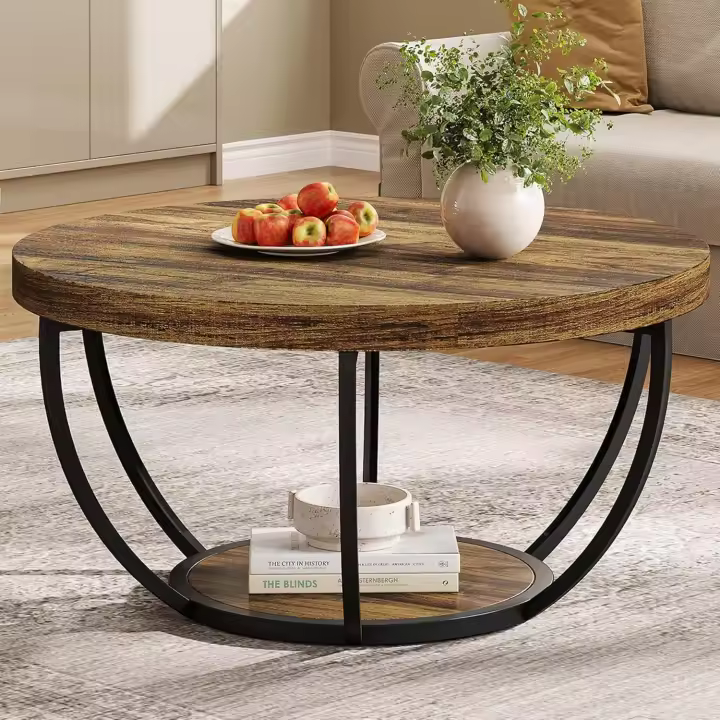 Centro Redonda, Mesa de Centro Industrial Circular de 2 Niveles con estantes de Almacenamiento, Mesa Central Moderna de Madera para sofá, Mesa Auxiliar para Sala de Estar, Oficina - 1