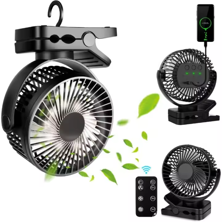 Ventilador Portátil USB con Batería 12000mAh - 3 Velocidades, Mando a Distancia, Luz LED, 360 °   Giratorio y Power Bank, Ideal para Oficina, Camping o Uso en Cochecitos - 1