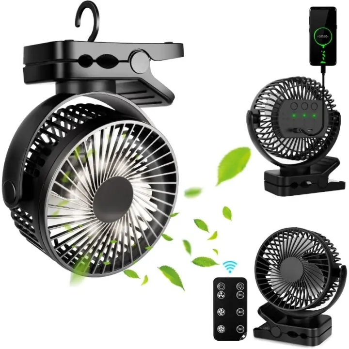 Ventilador Portátil USB con Batería 12000mAh - 3 Velocidades, Mando a Distancia, Luz LED, 360 °   Giratorio y Power Bank, Ideal para Oficina, Camping o Uso en Cochecitos - 1