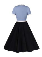 Vestido de Parche de Dos Tonos Vintage con Cuello de Lazo Manga Corta de Verano - details 7
