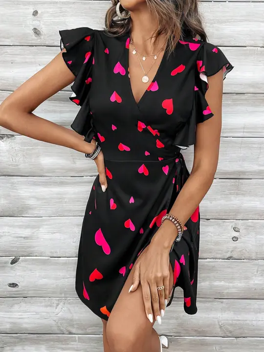 Primavera/novedad de verano San Valentín temperamento viajero adelgazante vestido con cuello en V para mujeres 2025 nuevo - 1