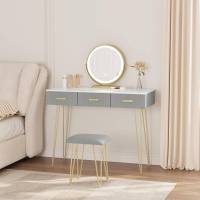 Tocador con luces LED y taburete de terciopelo, 3 cajones, blanco dorado gris - details 6