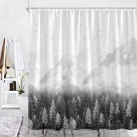 Decoración Natural para el baño, cortina de ducha, gris, blanco, montañas, pájaros, bosque de pino, paisaje, cortinas de baño, tela lavable - details 1