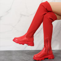 Botas de cuero por encima de la rodilla para mujer, zapatos de tacón grueso de punto rojo, terciopelo cálido, punta redonda, transpirables, talla grande, invierno, 2023 - details 5
