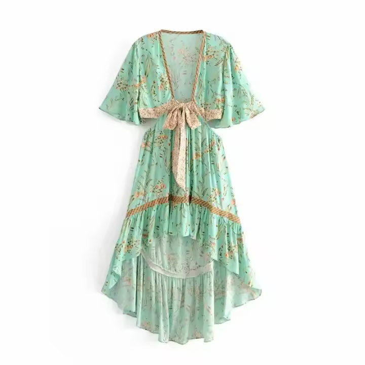 Vestido playero de manga corta para mujer, traje bohemio de rayón, ahuecado, Sexy, para verano - 1