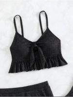 Conjunto de Bikini liso para mujer, bañador Sexy de malla de cintura alta, estilo playero, traje de baño de 3 piezas con volantes para verano, 2023 - details 21