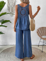 Chaleco informal de dos piezas con encaje calado de Color sólido para primavera y verano para mujer, pantalones largos de pierna ancha - details 4